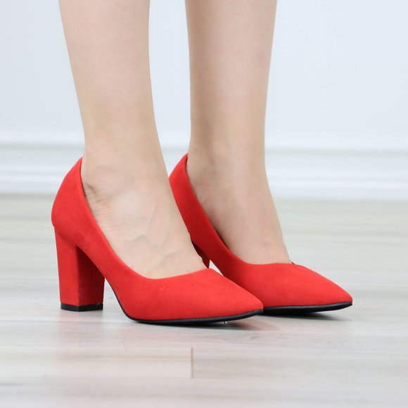 Classic Block High Heel Slip On Pointed Toe Pumps Red Suede - Picture 2 of 12